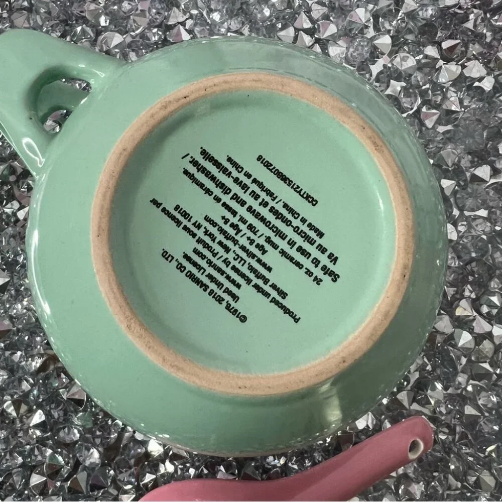 Hello Kitty mug cup with spoon matching attached Green Mug with Pink Spoon
